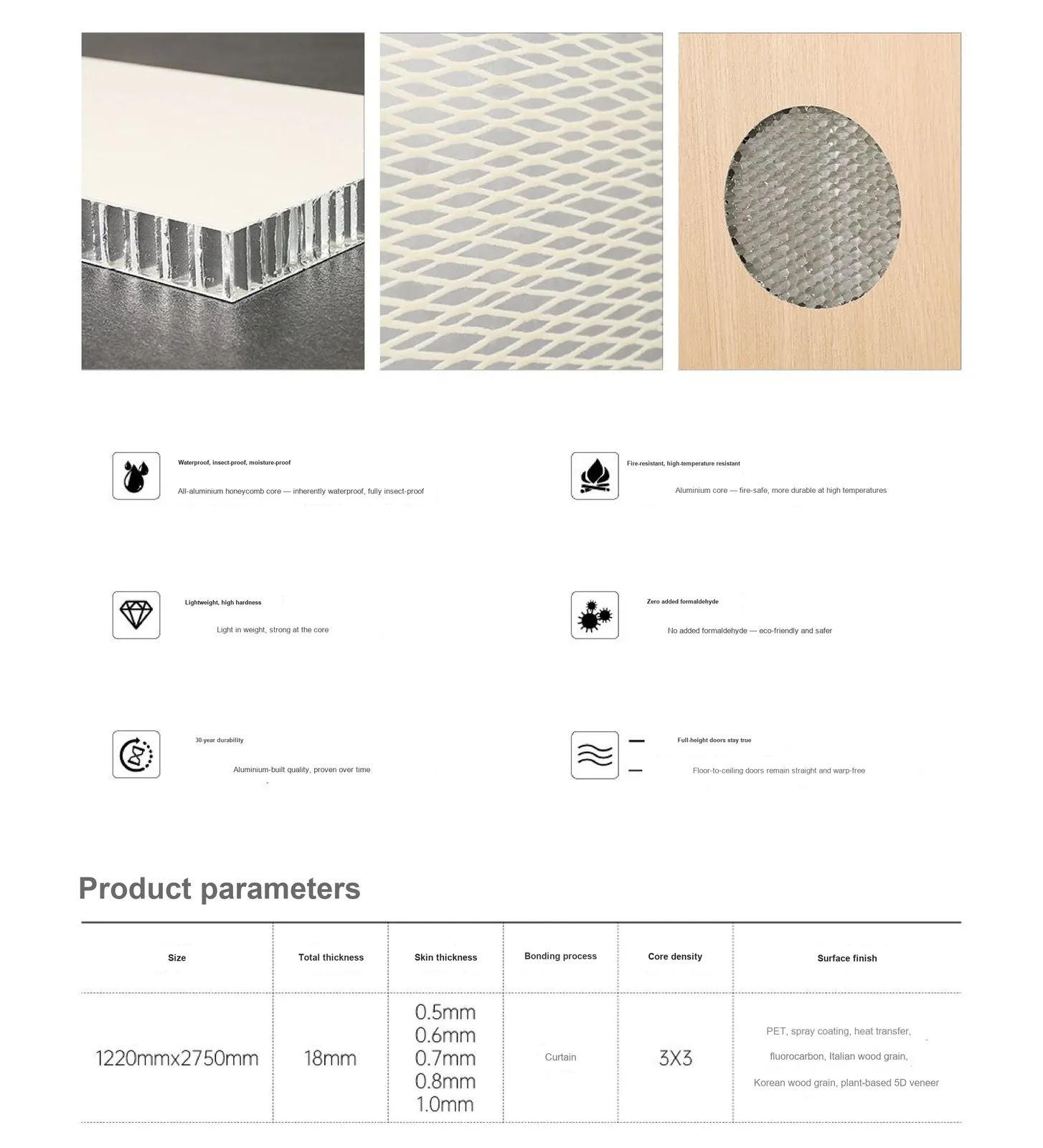 Aluminium honeycomb panel detail — core, coating and surface finish